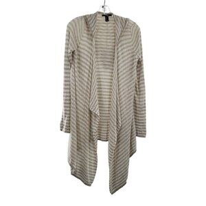 Forever 21 Open Front Waterfall Long Sleeve Hooded Cardigan Beige/White Stripe M